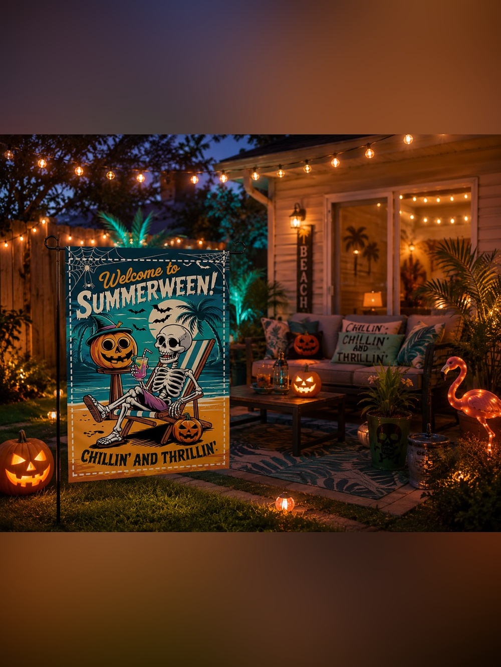 Summerween Beach Garden Flag - Skeleton Luau Design